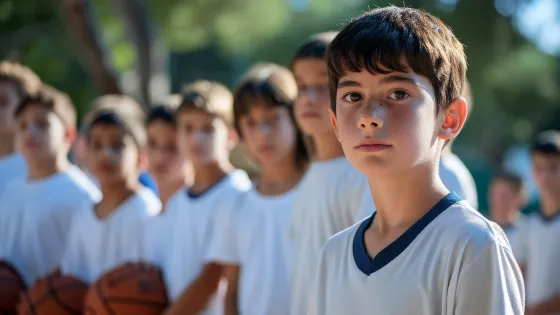 Young boy stands in front of his basketball team at school