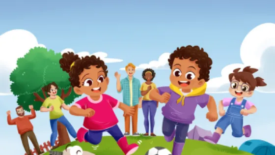 Book cover showing children and a goat playing football, as their families cheer 