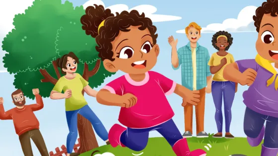 Book cover showing children and a goat playing football, as their families cheer 