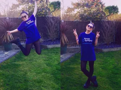 Two photos depict girl in a Young Epilepsy t-shirt, jumping in the first picture and making peace signs in the second.