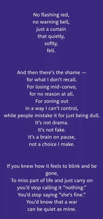 Rebecca Edwards' poem is printed in white text on blue. Part 3.