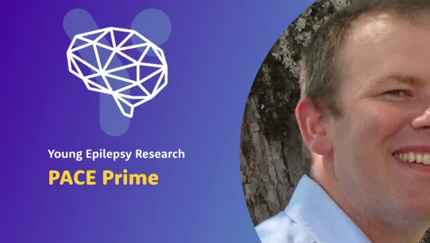 Dr Colin Reilly is pictured to the right of a graphic representing Young Epilepsy's PACE Prime research project.