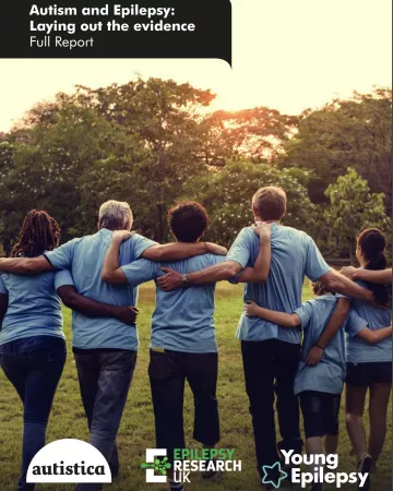A row of people in matching blue t-shirts hold shoulders facing the sunset on the Autism and Epilepsy snapshot cover.