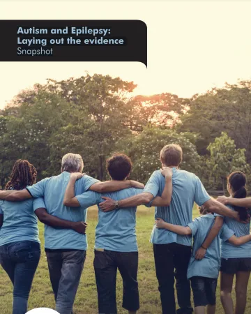 A row of people in matching blue t-shirts hold shoulders facing the sunset on the Autism and Epilepsy snapshot cover.