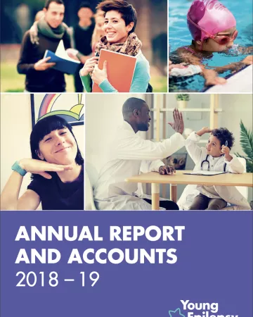 Photos of young people and medical professionals appear on the Young Epilepsy Annual Report 18-19 cover.