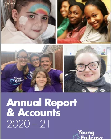 Four images of people at Young Epilepsy appear on the Annual Report 2020-21 cover.
