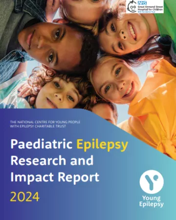 Five children huddle their heads for a photo on the cover of the Research and Impact Report 2024 for Young Epilepsy.