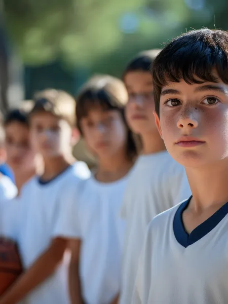 Young boy stands in front of his basketball team at school