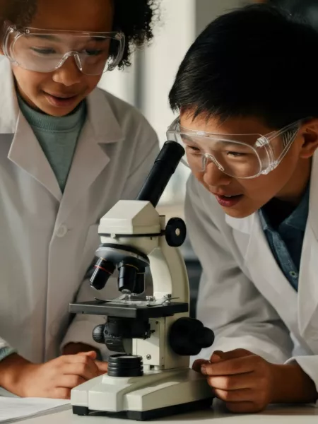 Two children look through a microscope wearing lab coats in a science class.