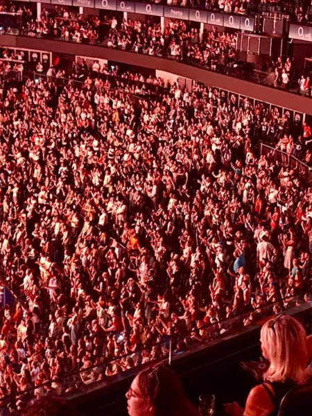 Two young girls look out to an audience at a concert.
