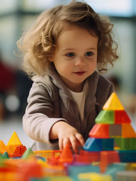 A young child builds a pyramid out of colourful blocks.