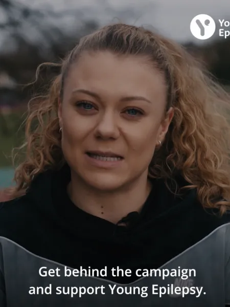 Beth Dobbin looks into the camera and is quoted saying, 'Get behind the campaign and support Young Epilepsy'.